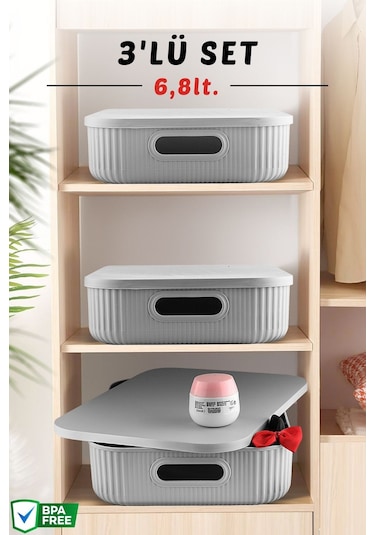 3'lü Set Çok Amaçlı Düzenleyici Depolama Kutusu Gri 6,8lt