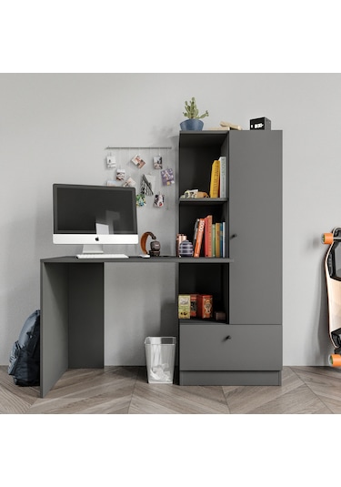 Merlin Mobilya Minör Antrasit Çalışma Masası Ve Kitaplık Antrasit