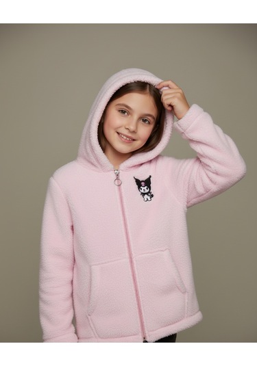 Kuromi Nakışlı Pembe Pelüş Kapüşonlu Kız Çocuk Hırka Açık Pembe