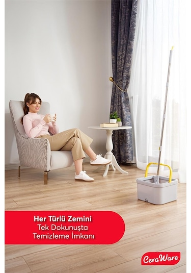 Ceraware Temiz İle Kirli Suyu Ayıran Kare Mop +2 Yedek Bez Hediyeli Otomatik Hijyen Temizlik Seti