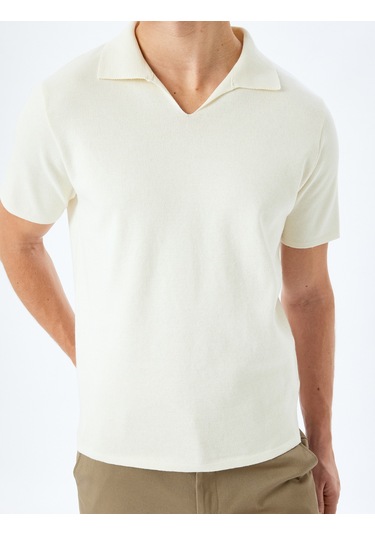 Koton Pamuklu V Polo Yaka Kısa Kollu Triko Kazak Ekru 5sam70005ht Ekru
