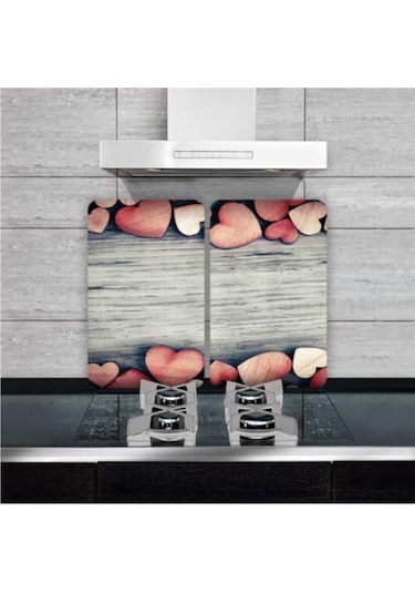 Dekoratif Cam Ocak Koruyucu Ve Kesim Tahtası Dokulu Kalpler 60cm