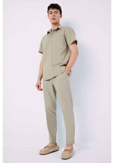 DeFacto %100 Pamuk Keten Görünümlü Yazlık Jogger Pantolon Dar Paça Beli Bağcıklı Lastikli Cepli Z6475AZ25SPKH404