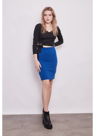 Yüksek Bel Diz Üstü Kumaş Kalem Etek-Sax