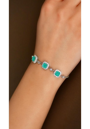 Paraiba Taşlı Rodyum Kare Anturaj Gümüş Bileklik