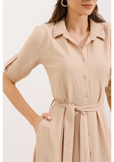 Gabria Ön Düğmeli Elbise Bej