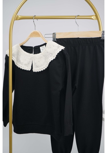 Kız Çocuk Okula Dönüş Yaka Dantel Modelli Pamuk Eşofman Takımı Siyah