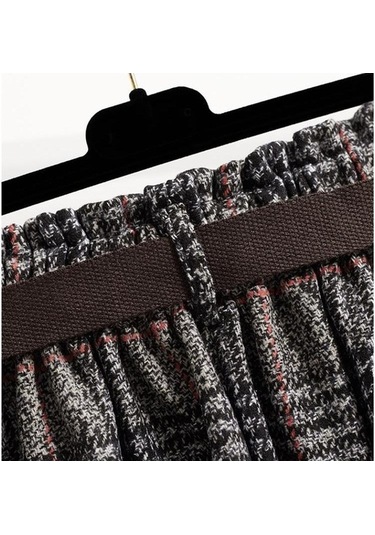 Fastbuy Sonbahar Kış Kadın Yüksek Bel A-line Vintage Ekose Elastik Bel Yün Ekose Gri Etek Gri