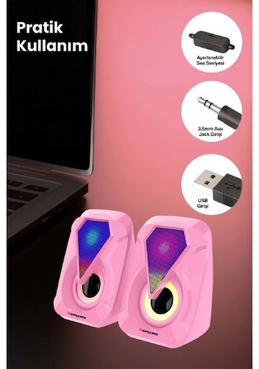 Sprange Sr-pn785 2.0 Rgb Işıklı Multimedia 5v 3w 2 Gaming Oyuncu Speaker -pembe