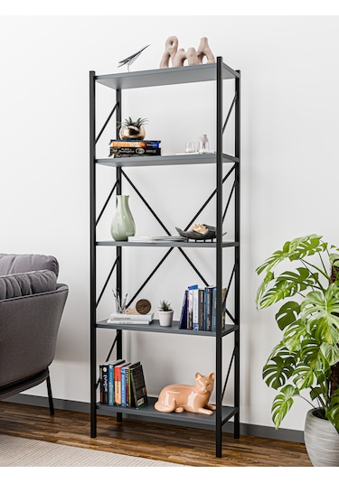 Metal Kitaplık 5 Raflı Dekoratif Kitaplık Ev Ofis Mutfak Rafı Çok Amaçlı Antrasit
