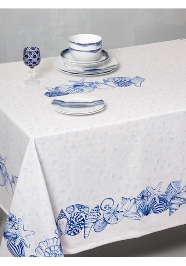 Cotton Box Pano Baskılı Masa Örtüsü Cowry Mavi 170x170