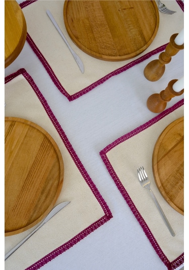 Yakacihome 4'lü Terra Duck Keten Fisto Dantel Biyeli Otantik Supla Amerikan Servis 35x50 Cm Bordo - Krem