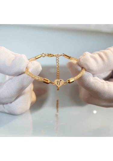 Archin N Harfine Özel Kalp Motifli 14 Ayar Altın Plakalı Hasır Kordonlu Hediye Bileklik-474harf N