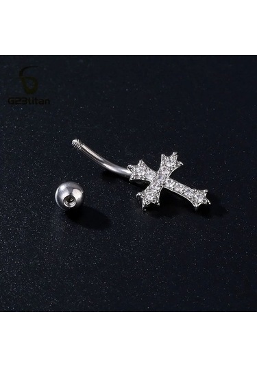 Flybuy Altın Gümüş Zirkon Çapraz Sembol Kavisli Titanyum Navel Ring, 1.5cm, Göbek Yüzük, Dini Tasarım, G23titan Marka, Paslanmaz Çelik Ve Titanyum, Erkek/kadın, Moda Aksesuar Gümüş