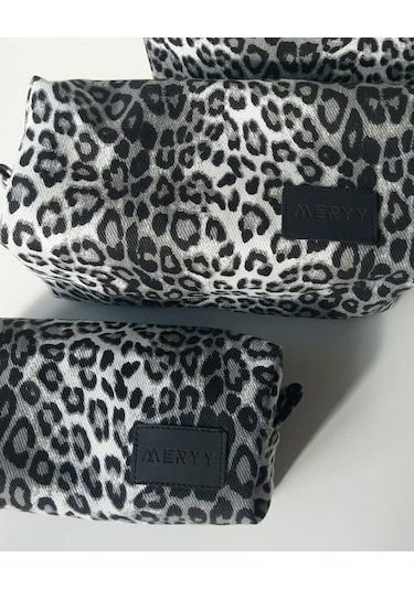 Meryy Collection Gri Leopar Organizer Çanta / Tüm Set Siyah