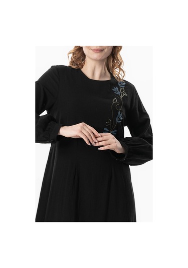 Uzun Kol Şile Bezi Gülşah Bisiklet Yaka Nakışlı Uzun Yazlık Elbise Siyah Syh Siyah