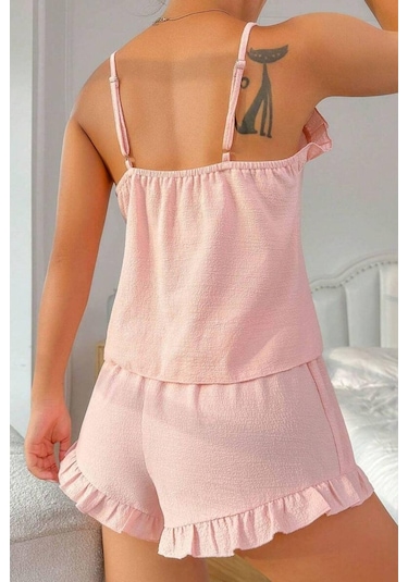 Bella Notte Toz Pembe Süs Düğmeli Fırfırlı Şortlu Pijama Takımı