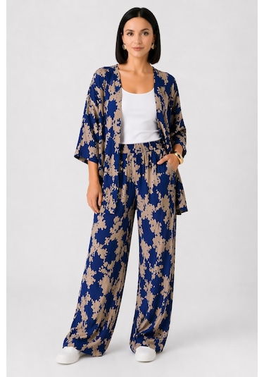 Trend Alisse Kadın Mavi Desenli Bol Paça Palazzo Alt Üst Kimono Takım