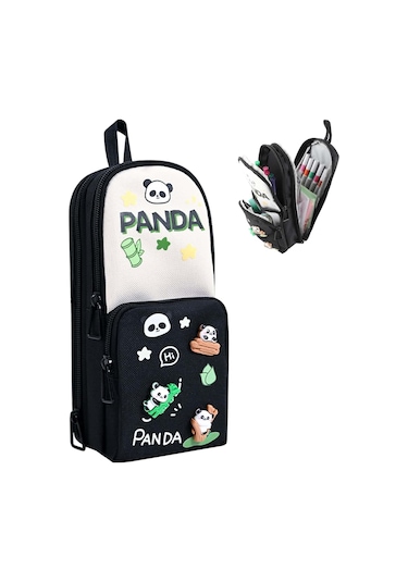 Mufunye Büyük Kapasiteli Kawaii Kalem Kutusu - Sevimli 3 Bölmeli Kırtasiye Düzenleyici, Siyah Siyah