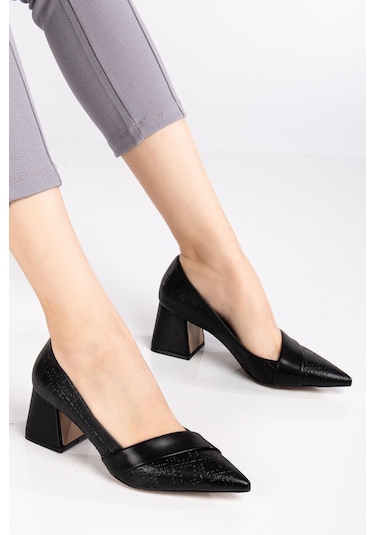 Kadın Topuklu Ayakkabı Siyah Baskılı Deri Yanyüzlü Sivri Kalıp-3577 Siyah
