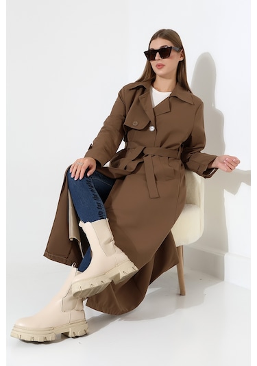 Amazon Keten Kumaş Uzun Boy Düğmeli Astarlı Yumuşak Dokulu Trenç Kot Sütlü Kahve Sütlü Kahverengi