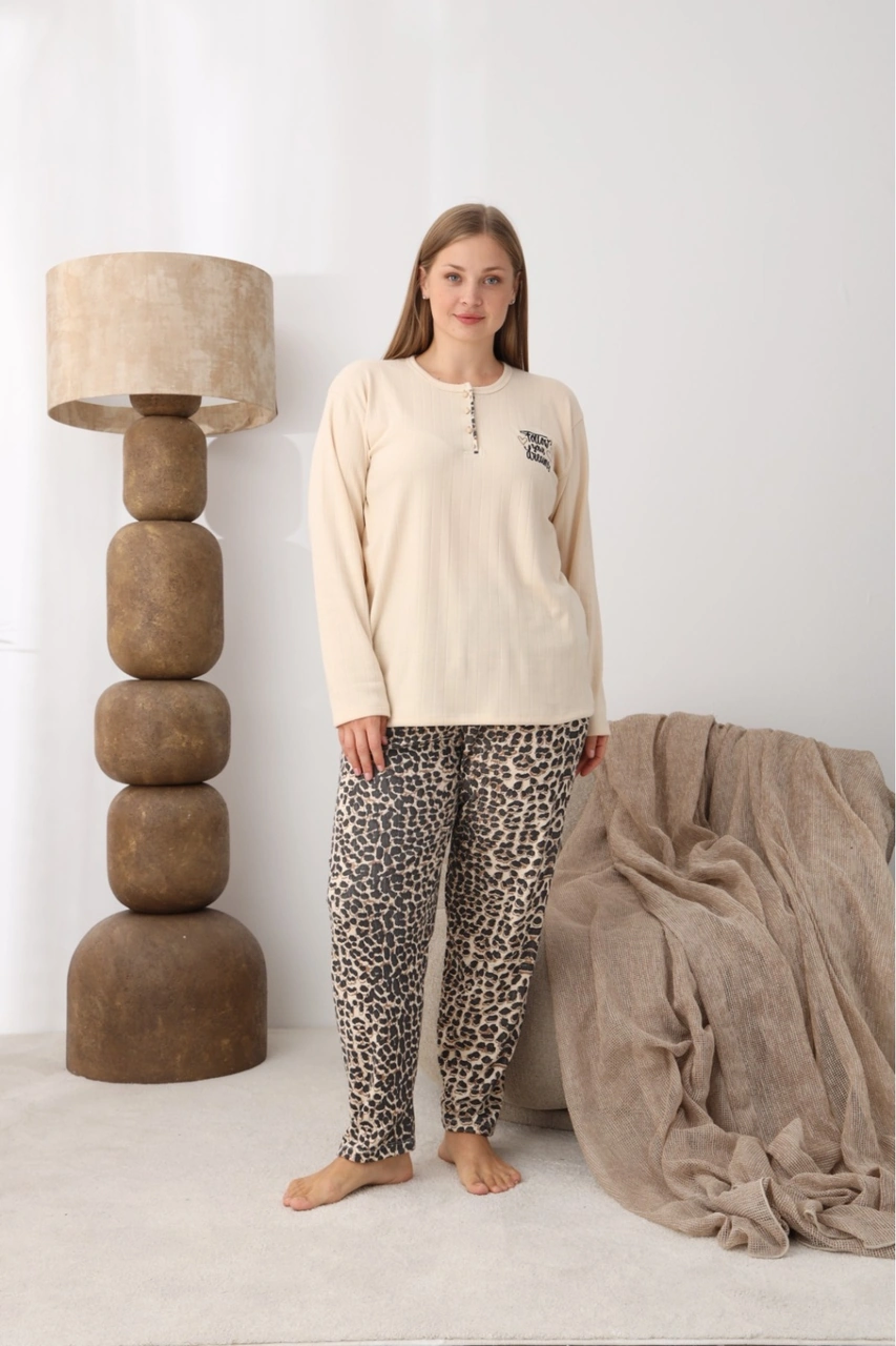 İnterlok Pamuk Battal Büyük Beden Kadın Pijama Takımı Leopar Desen Sarı