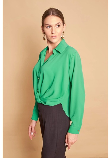 Yakalı Önü Pileli Uzun Kol Likrasız Şık Kumaş Gömlek-B.Yeşil B.Yeşili
