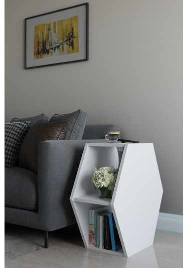 Alpa Ev Mobilya Altıgen Tasarım Yan Sehpa, Modern Koltuk Yanı Ve Dekoratif Kitaplık, Salon Sehpası Beyaz