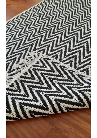 Pamuklu Cotton Kilim Çift Taraflı Yıkanabilir Dekoratif 80x150 - Siyah Beyaz V2 Siyah - Beyaz