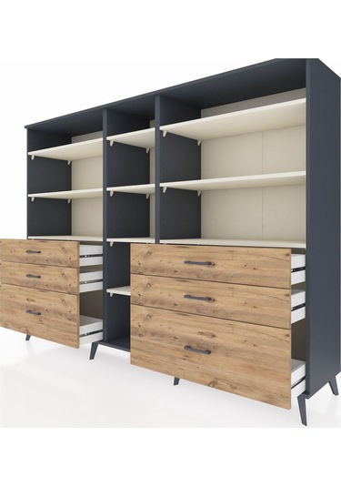 Hyperion Dolap 10 Raflı 6 Çekmeceli 220x44x163 Antrasit-aytaşı/ç Antrasit-aytaşı/çam