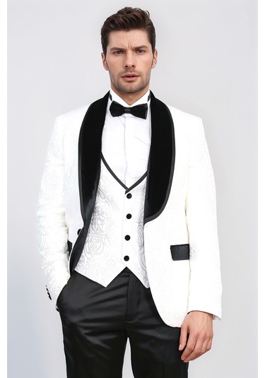 Barok Desenli Kadife Şal Yaka Yelekli Beyaz Smokin - Wessi Beyaz