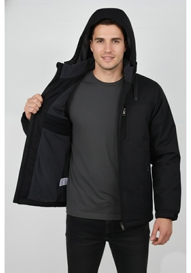 Erkek Büyük Beden Kapüşonlu Mevsimlik Spor Mont 99538 Bbgl-st04877 Siyah