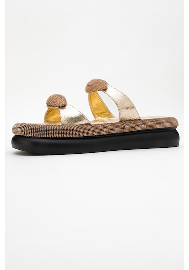 Fınery Altın Taşlı Tokalı Kadın Kalın Tabanlı Terlik Altın