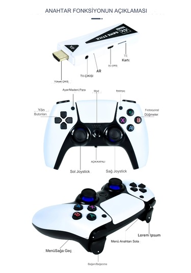 Qasul U10 Android Game TV Stick  + 64 GB Hazıfa Kartı + 2 Kablosuz Oyun Kolu