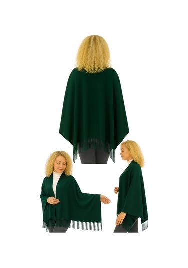 1 Adet Kadın Büyük Bedene Uygun Ekstra Yumuşak Dokulu Püskül Detaylı Kışlık Atkı Omuz Şalı Koyu Yeşil