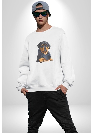 Puppy Köpek Rottweiler Unisex Beyaz Baskılı Sweatshirt Beyaz