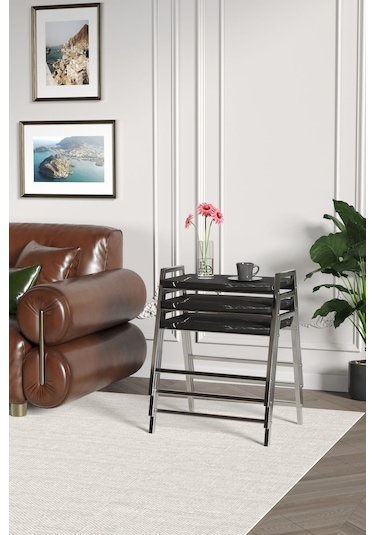 Zigon Sehpa , Aden 3'lü Tepsi Zigon Sehpa Takımı Gümüş Metal - Siyah Mermer Tabla Gümüş-siyah Mermer