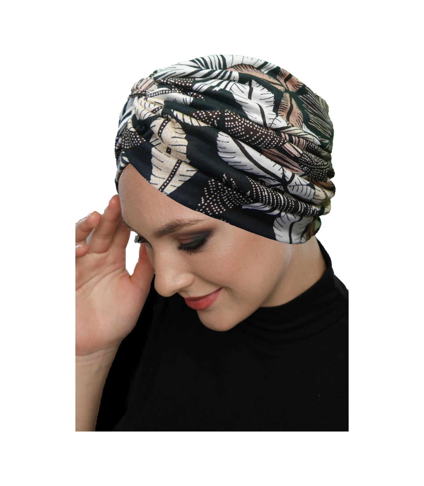 Sonbahar Esintisi Desenli Çapraz Ve Bant Detaylı Astarlı Hazır Türban Tesettür Havuz Bonesi Siyah-bej