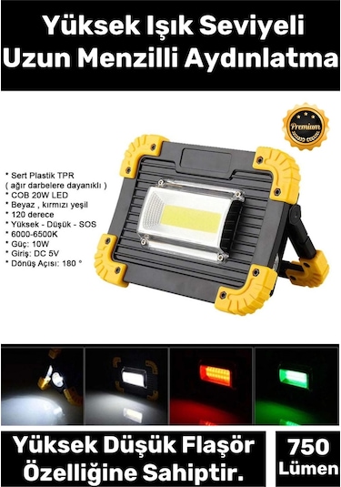 Premium 3 Mod Su Geçirmez 180 Derece Dönebilen 4400 Lityhum Pil 750 Lümen Powerbank Şarjlı Işıldak Çok Renkli