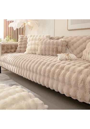Yapay Tavşan Kürk Kanepe Örtüsü Kaymaz Ve Toz Geçirmez Kalın Yumuşak Kanepe Örtüsü Mobilya Koruyucu Haki