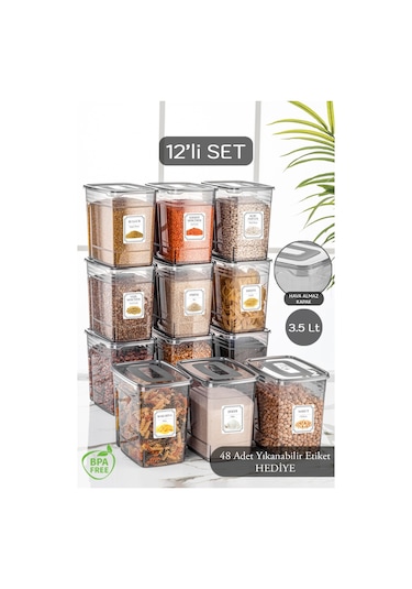 Meleni Home 12'li Mega Set - 3,5 Litre Lena Etiketli Erzak Saklama Kabı - Kiler Dolap Düzenleyici Bakliyat Kabı