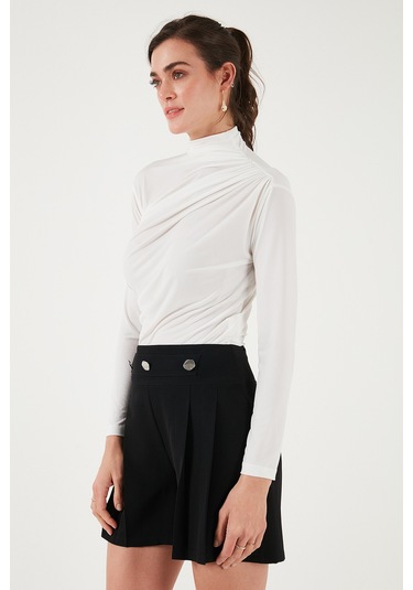 Lela Streç Büzgü Detaylı Slim Fit Dik Yaka Bayan Bluz 669925 Ekru