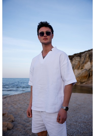 Beyaz Renk V Yaka Gömlek Şort Erkek Yıkamalı Keten Takım-1740 Beyaz