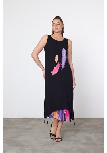 Schık Kadın Yazlık Bol Kolsuz Rahat Baskılı Elbise Lila