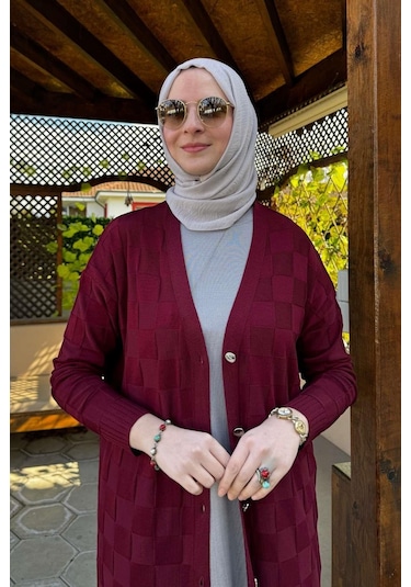 Dama Desenli Triko Hırka Bordo Çok Renkli