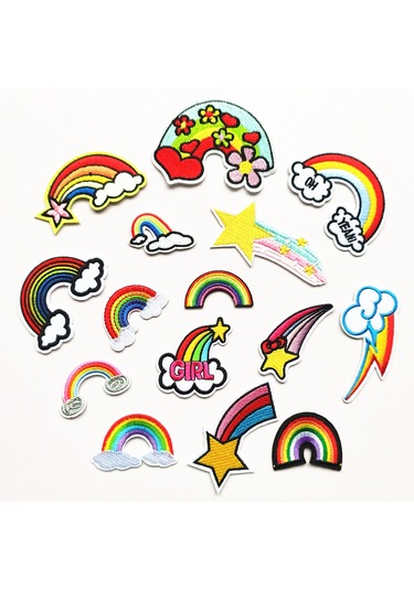 15 Adet Gökkuşağı İşlemeli Ütüyle Yapıştırılan Yama, İşlemeli Kendinden Yapışkanlı