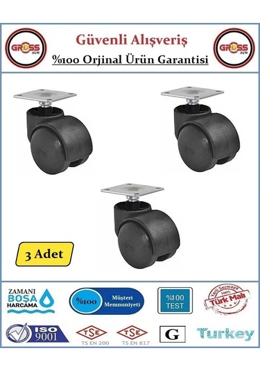 Tablalı Mobilya Tekerleği - Dönerli Tablalı Tekerlek - 3 Adet