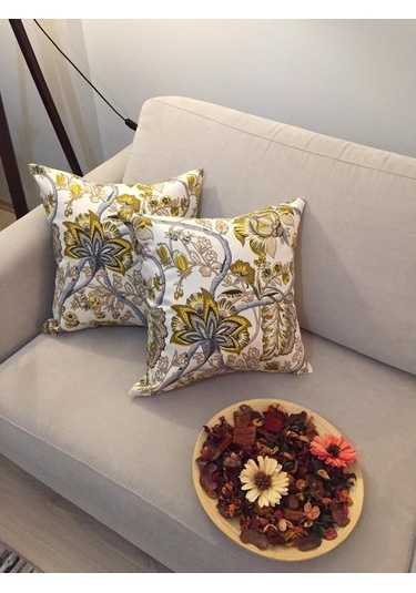 Finezza Gardens Çiçek Baskılı Pamuk Kumaş Krem Yeşil Kırlent 45X4