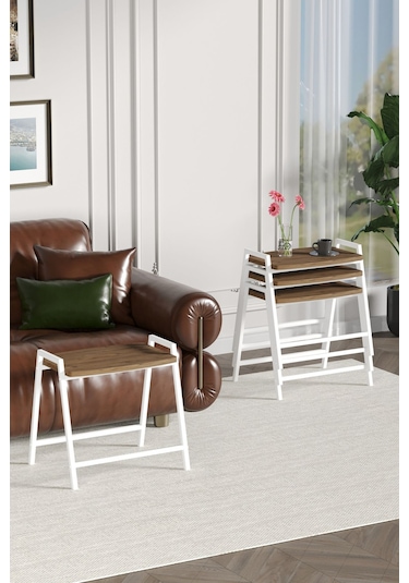 Zigon Sehpa , Aden 4'lü Tepsi Zigon Sehpa Takımı Beyaz Metal - Atlantik Çam Tabla Beyaz-atlantik Çam