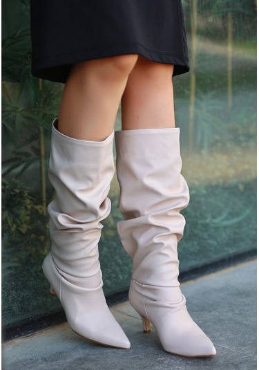 Zelya Bej Cilt Topuklu Çizme Bej